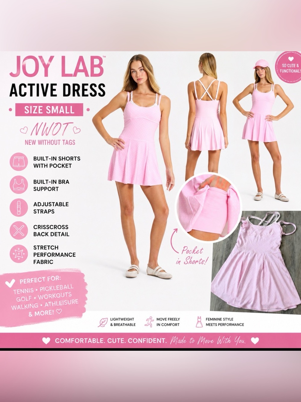 NWOT Joy Lab Active Dress Small Pink Polka Dot Built In Shorts Dress